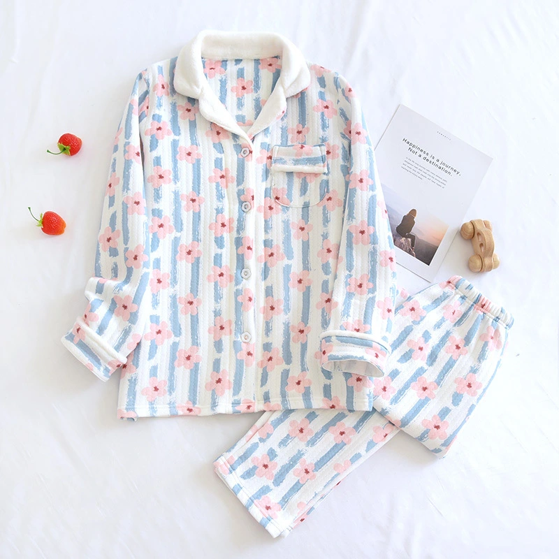 Women's Fashion Long Sleeve Cardigan Thin Cotton Three-layer Warm Loungewear Suit
