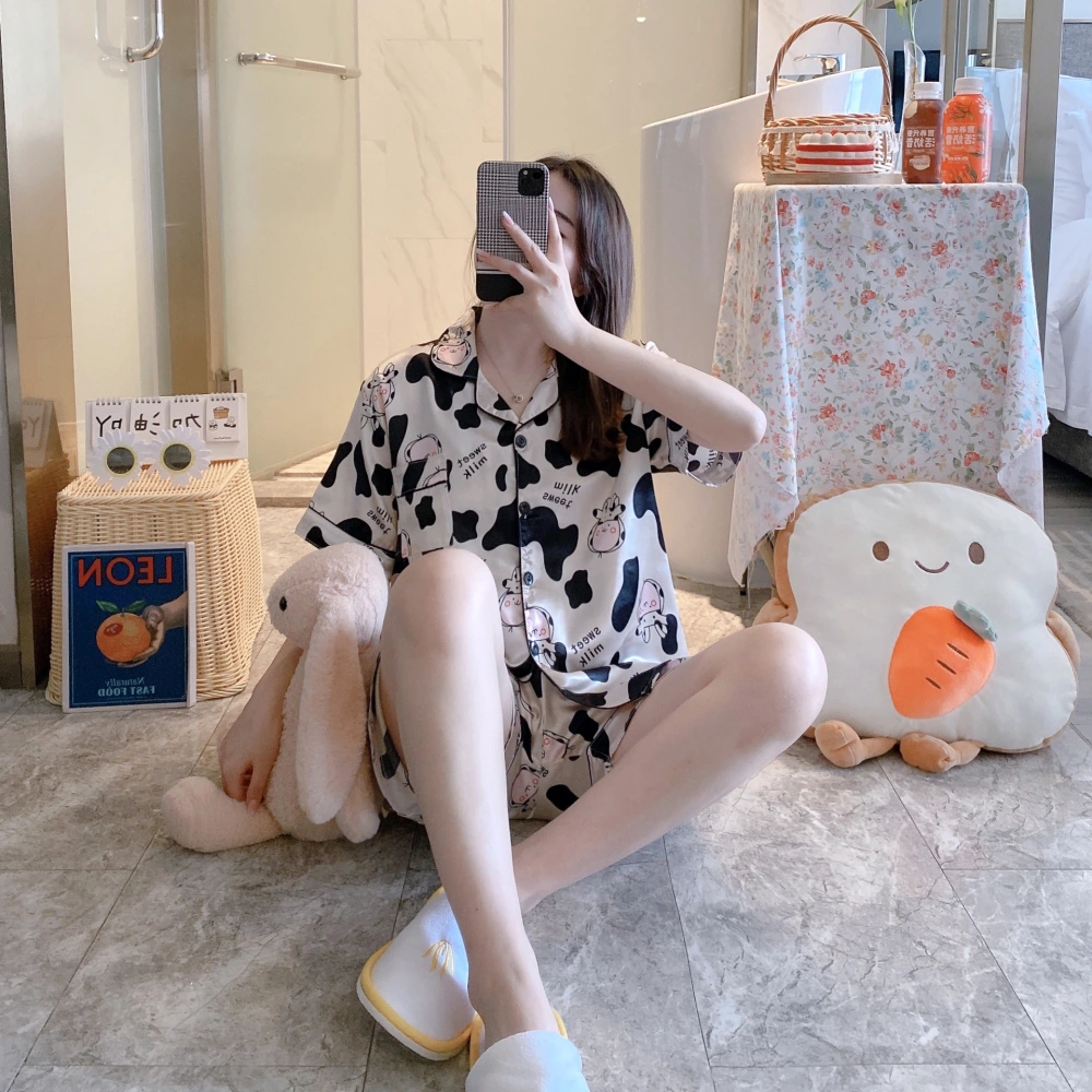 Women's Ice Silk Cardigan Summer Cartoon Home Fury Set
