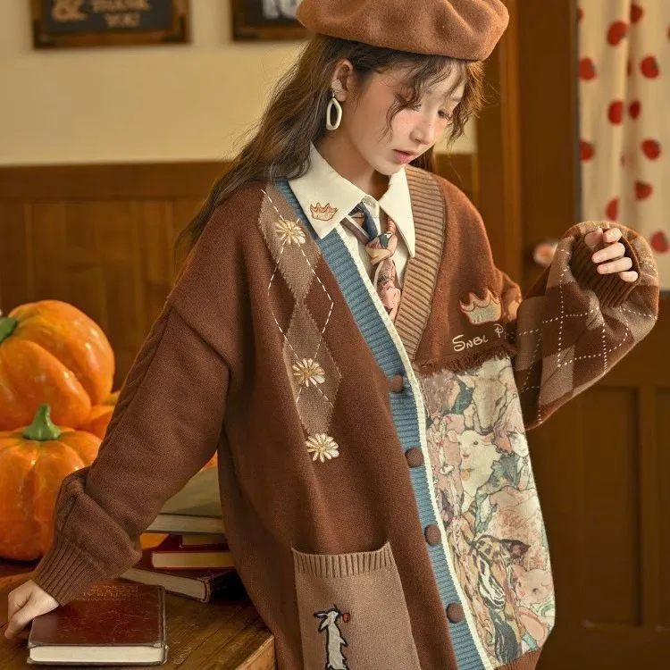 Vintage Mori Style Sweater With Embroidered Atmosphere