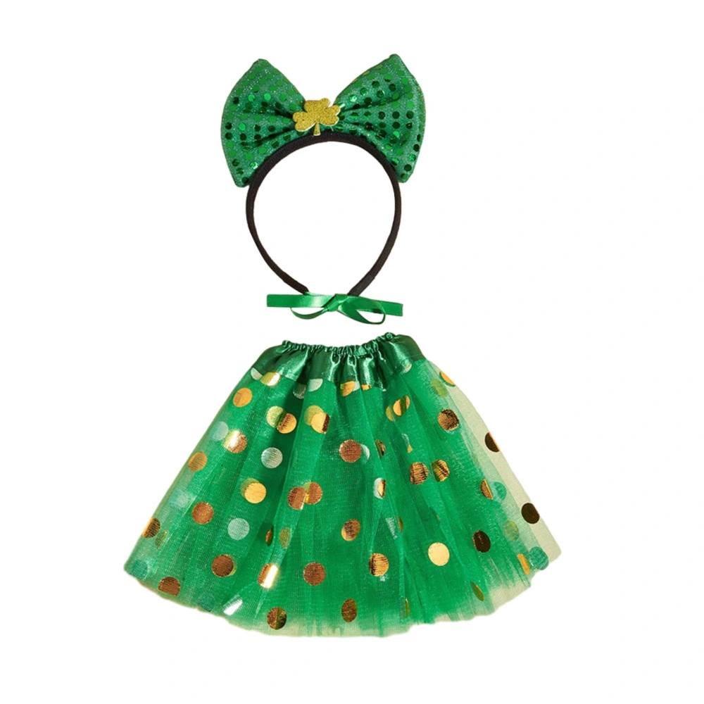 Pet Irish Party Costume Bow Hair Hoop Shamrock Print Mesh Skirt