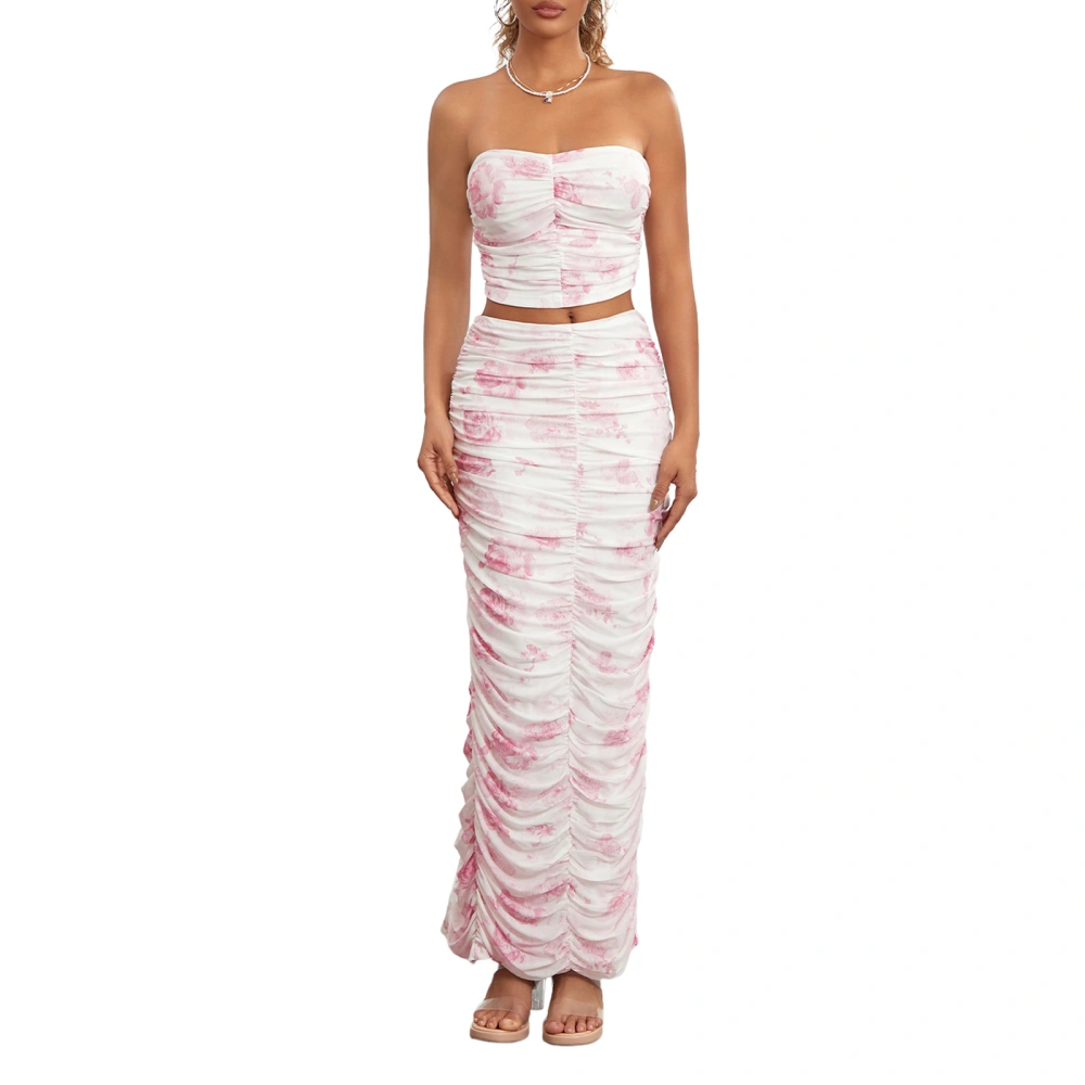 Women's Summer Off Shoulder Tube Tops Pattern Print Skinny Skirt Set 