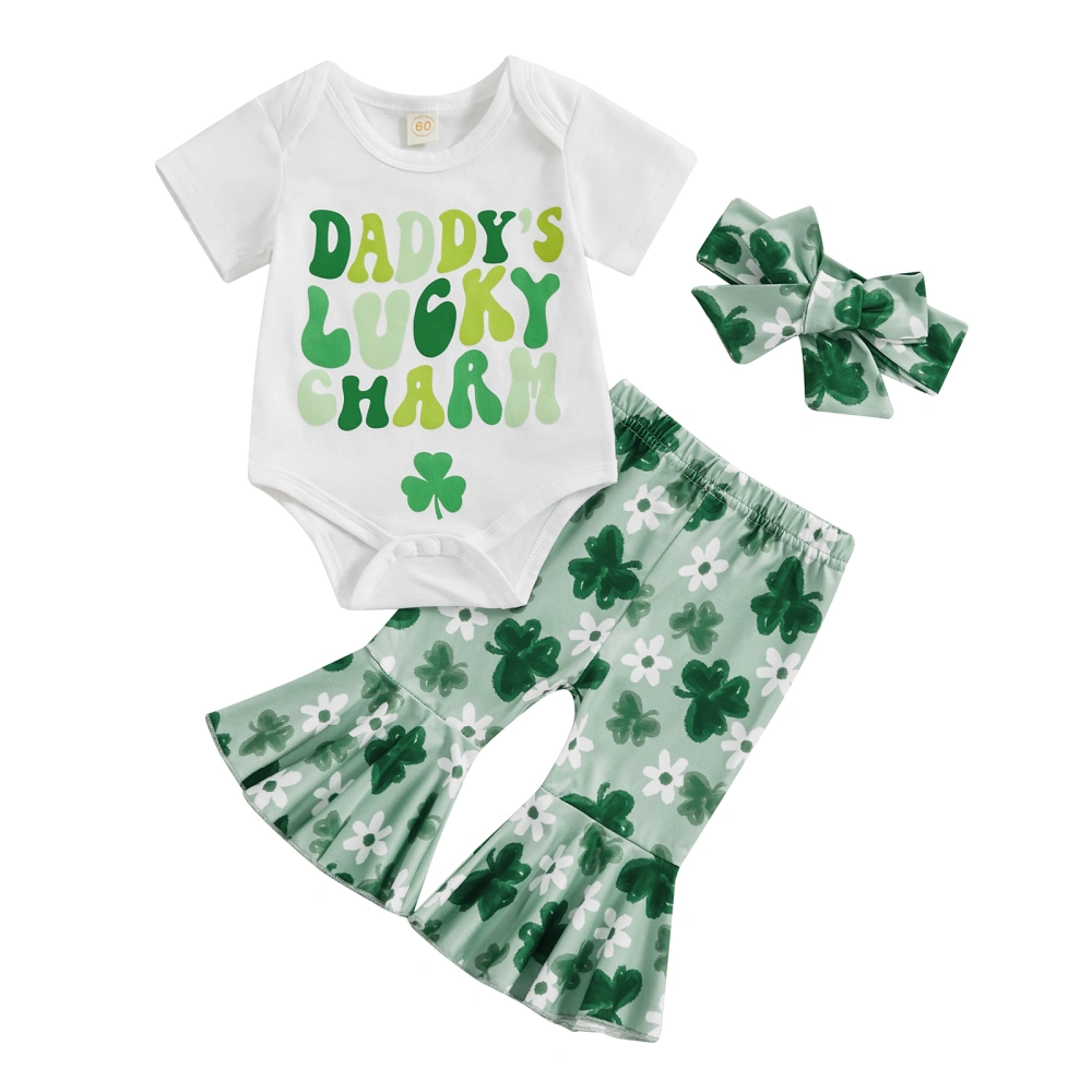 Baby Girls Irish Outfits Short Sleeve Romper + Flare Pants + Headband