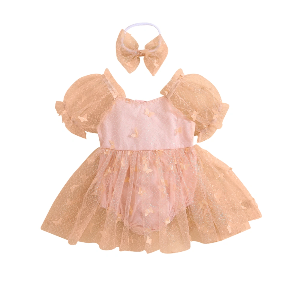 Short Sleeve Mesh Romper Dress + 3D Bow Headband Baby Girl Set