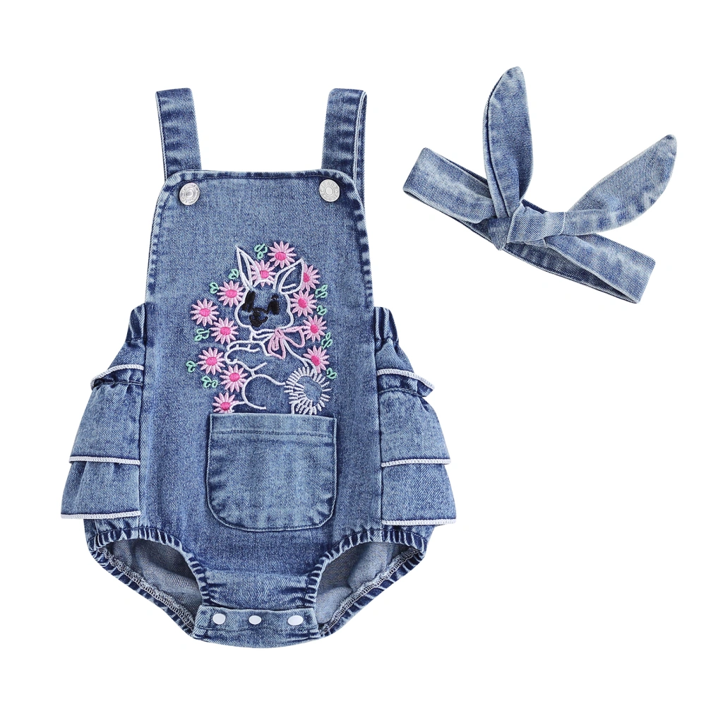 Baby Denim Rompers Rabbit Embroidery Jumpsuits with Headband