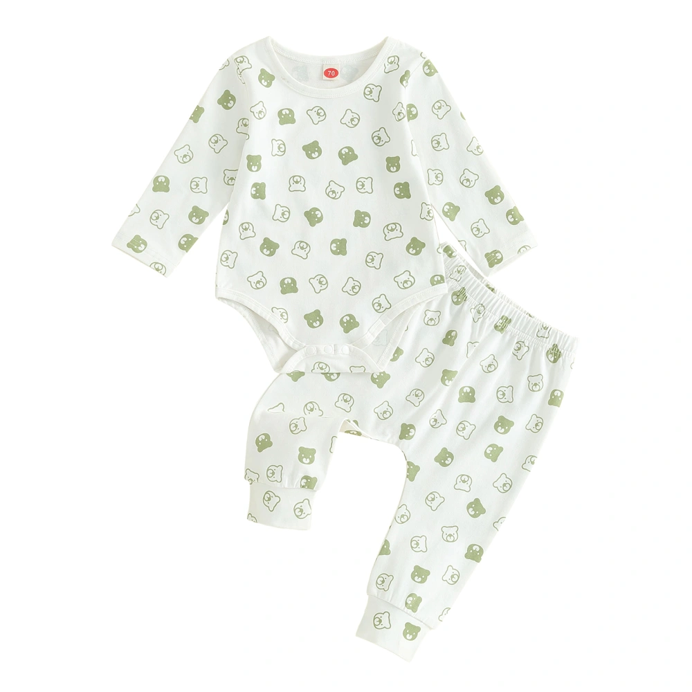 Baby Girls Long Sleeve Bear Print Romper Elastic Band Pants Sets