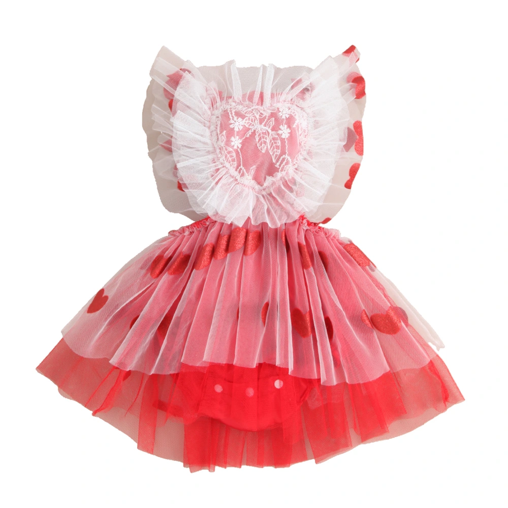 Baby Girls Flying Sleeve Heart Print Tulle Patchwork Romper Dress