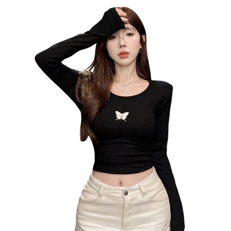 Women's Slim T-Shirt Metal Butterfly Long Sleeve Crop Tops Streetwear