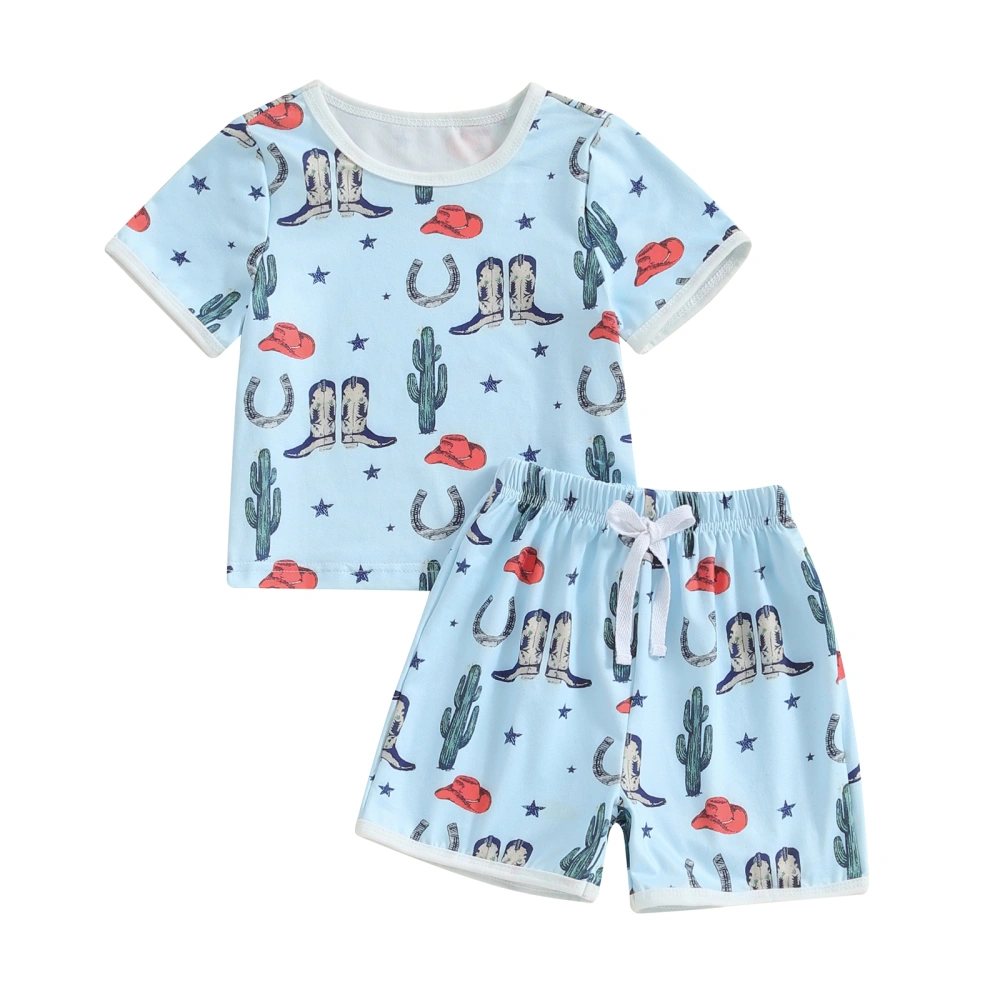 Boy Cactus Hat Pattern Short Sleeve T-Shirt with Elastic Waist Shorts