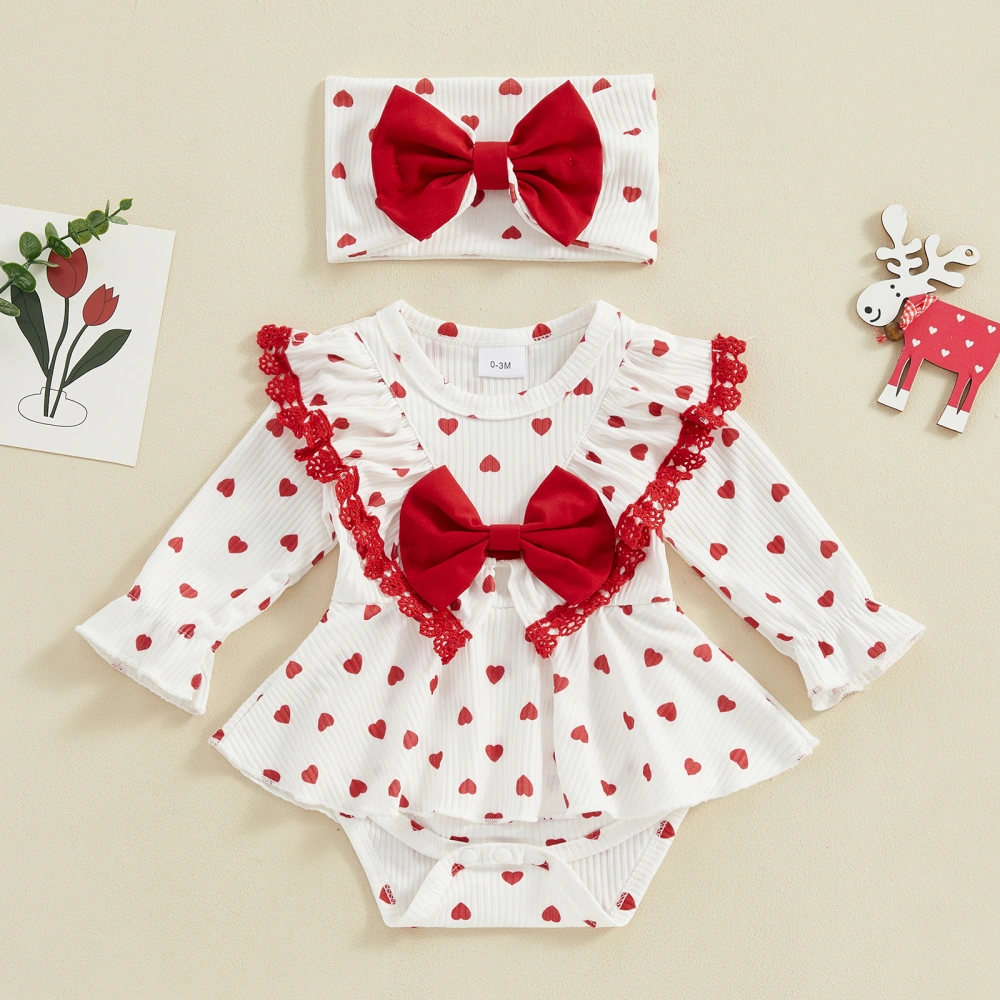 Baby Girl Outfits Long Sleeve Heart Print Bow Romper with Headband