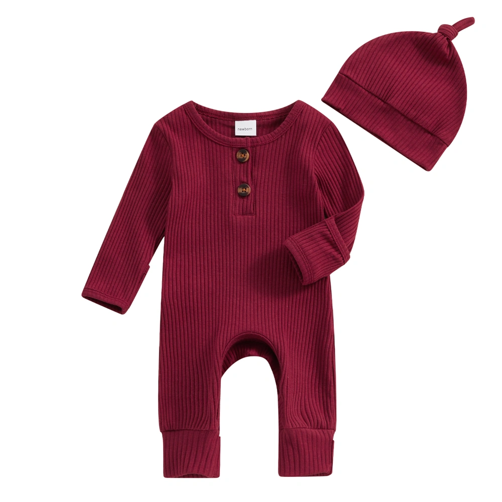 Newborn Baby Jumpsuit Outfits Ribbed Long Sleeve Romper with Hat