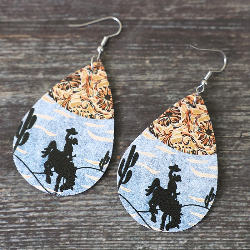 Western Style Horse Riding Denim Color Matching Double-sided Leather Earrings