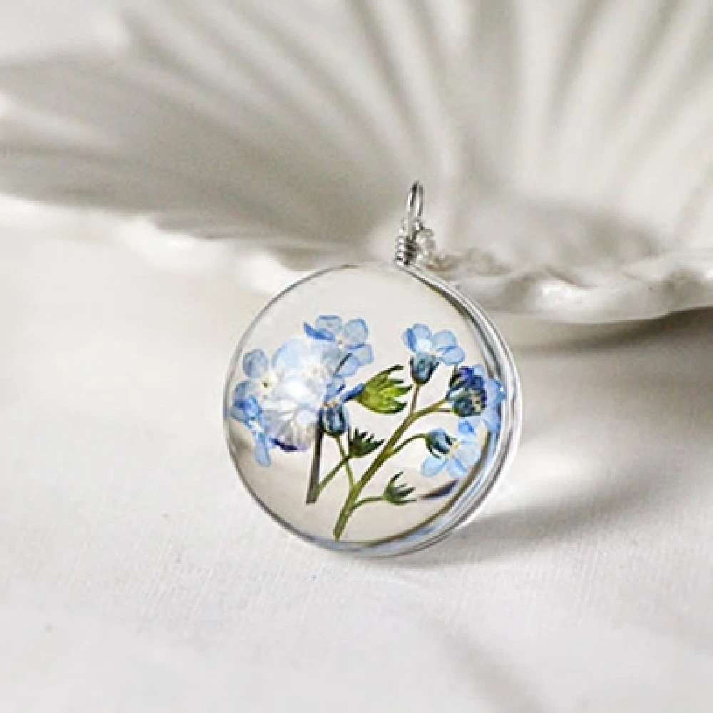 Handmade Dry Flower Glass Silver Plated Necklace