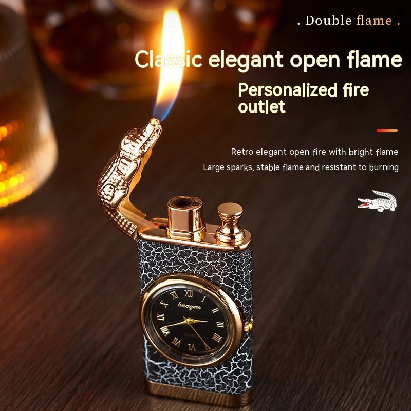 Double Fire Lighter With Quartz Watch Metal Inflatable Windproof Blue