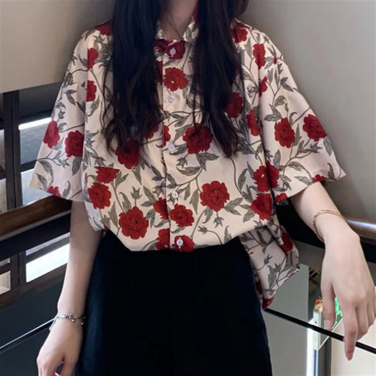 New Retro Hong Kong Style Printed Short-sleeved Shirt For Women