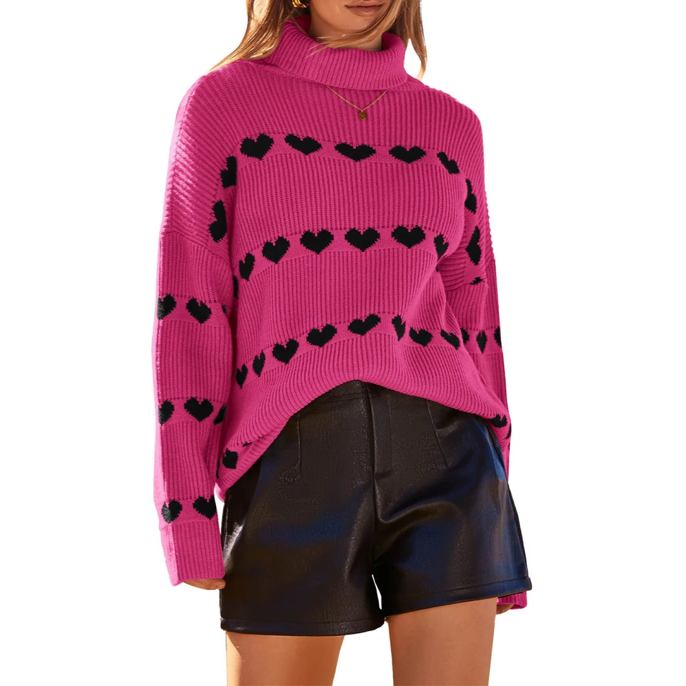 Women's Heart Print Sweaters Long Sleeve Turtleneck Pullovers