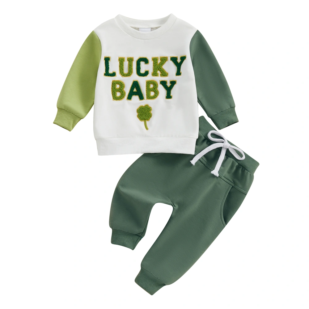 Boys Letter Four Leaf Clover Embroidery Pullover Drawstring Pants Set