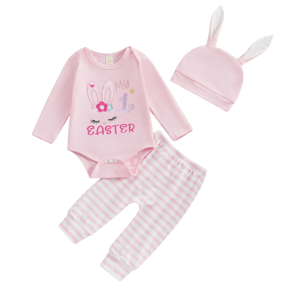 Long Sleeve Romper + Elastic Waist Pants + Hat Baby Girl Easter Set 