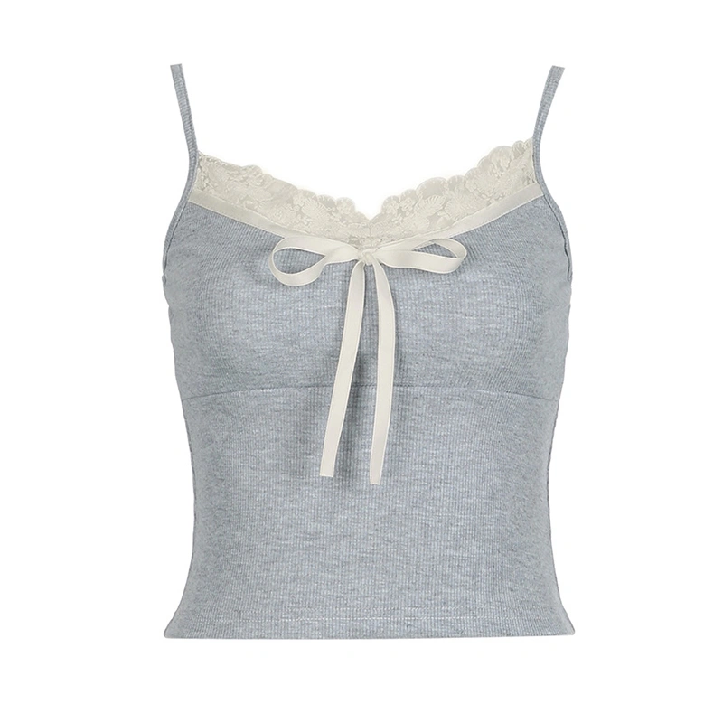 Women Knit Top, Sleeveless Backless Tie-up Lace Trim Summer Camisole