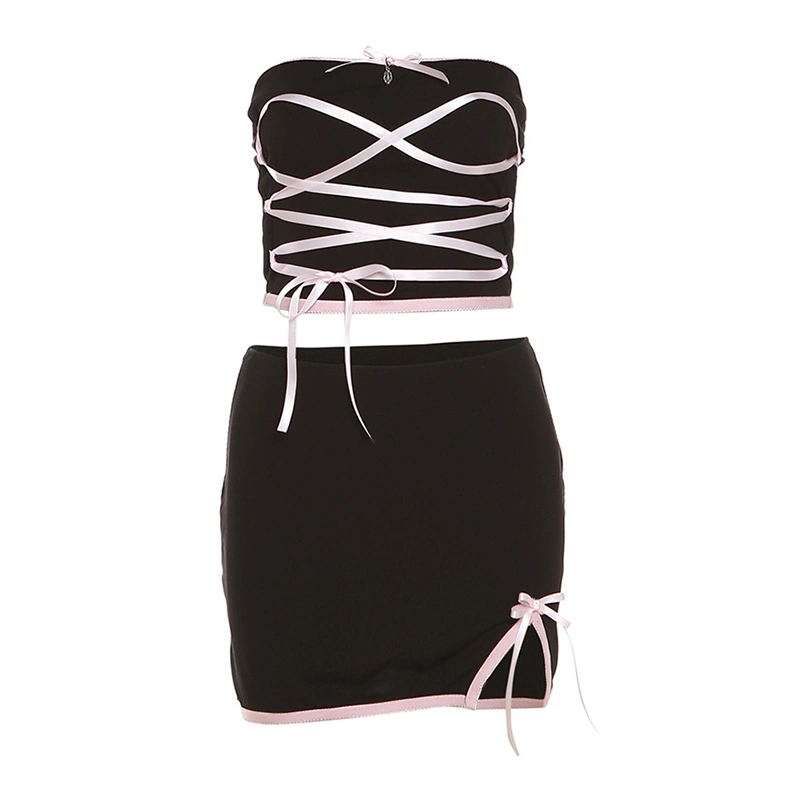 Women 2 Piece Outfits Bandage Crop Bandeau Tops and Mini Skirt Set