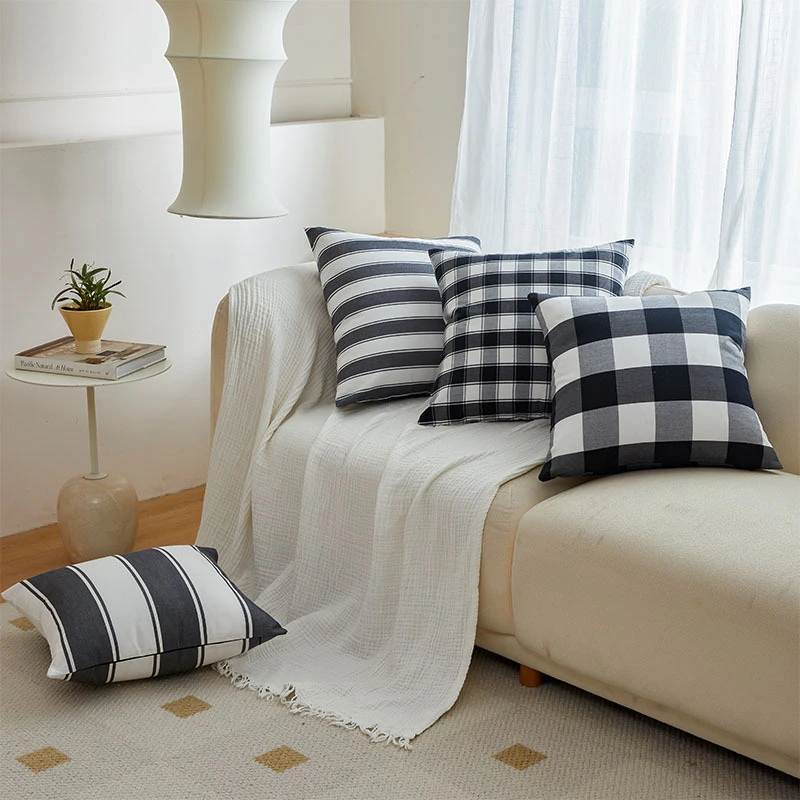 Polyester Cotton Black And White Checkered Pillow And Backrest Cushion