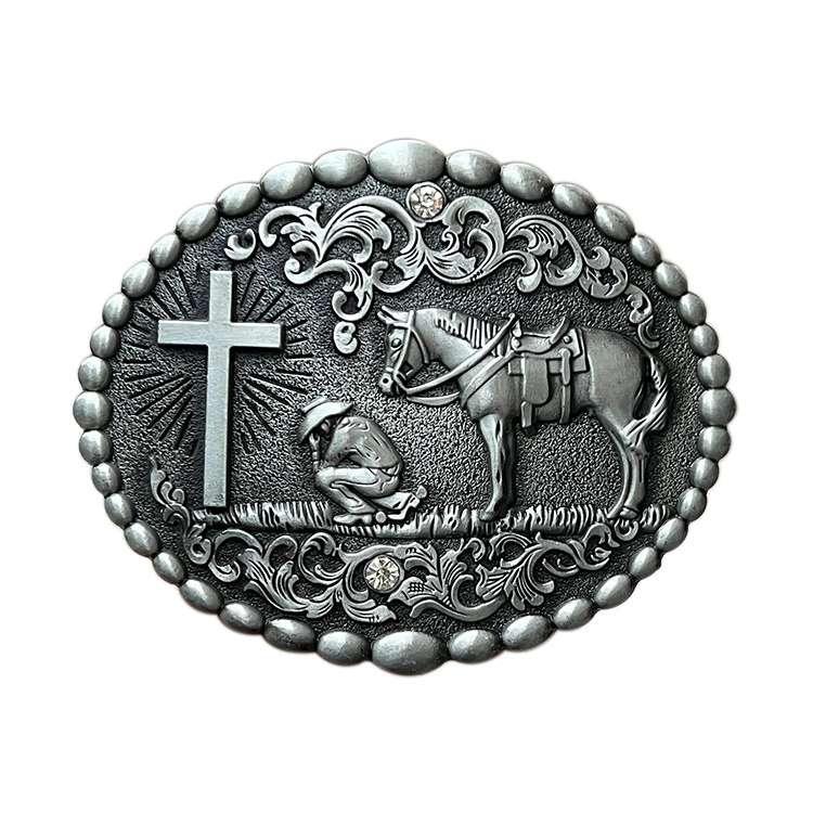 Zinc Alloy Holding Horses People Prayer Cross Belt Buckle