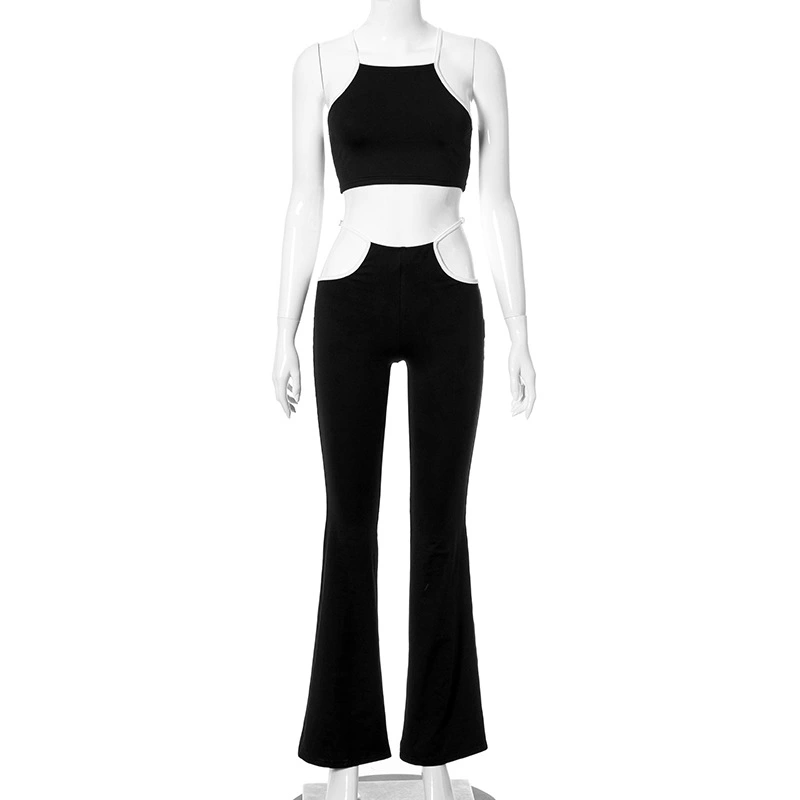 Women's Spaghetti Straps Midriff-baring Vest Wide Leg Pants Suit