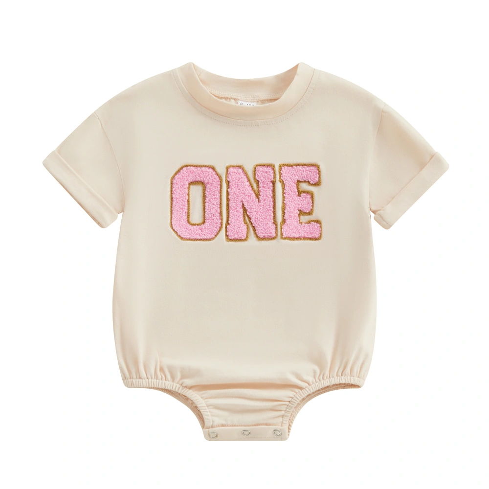 Baby Romper, Short Sleeve Crew Neck Embroidery Letters Summer Bodysuit