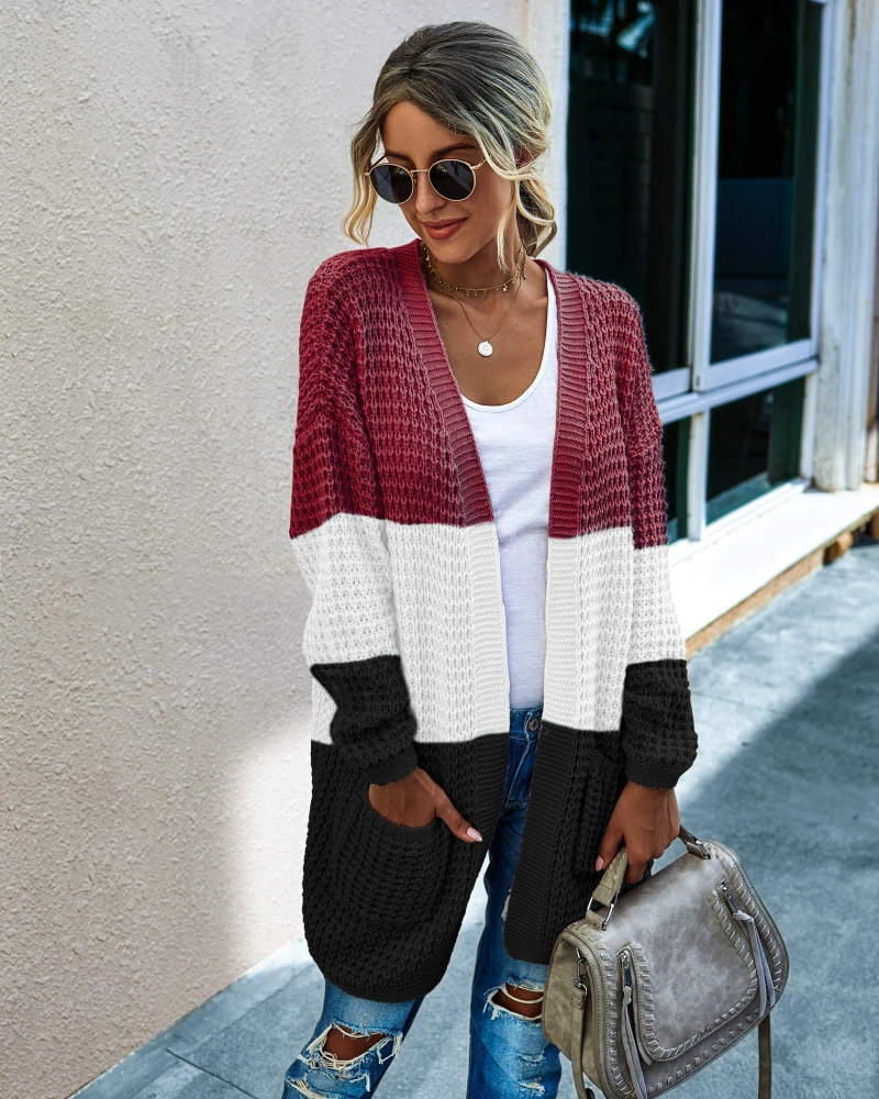 Women Knitted Sweater Long Cardigan Contrast Color Coat