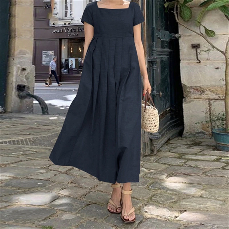 Cotton And Linen Dress Large Swing Short Sleeve Square Collar Elegant