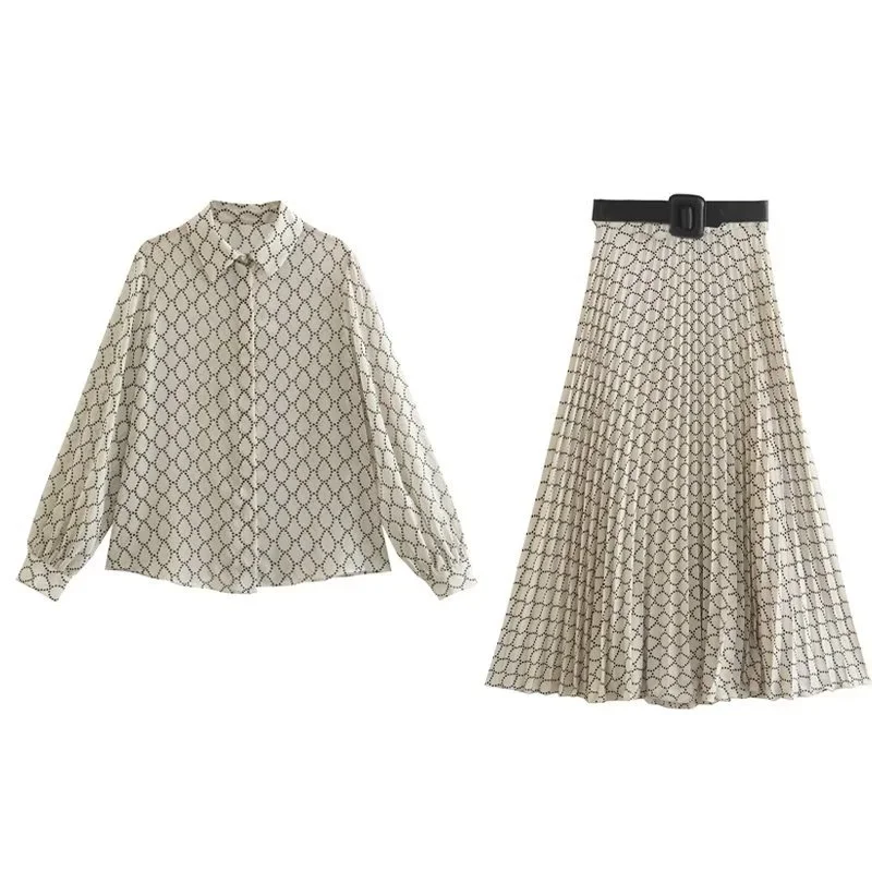 Spring New Geometric Pattern Printed Shirt With Belt Printed Dress