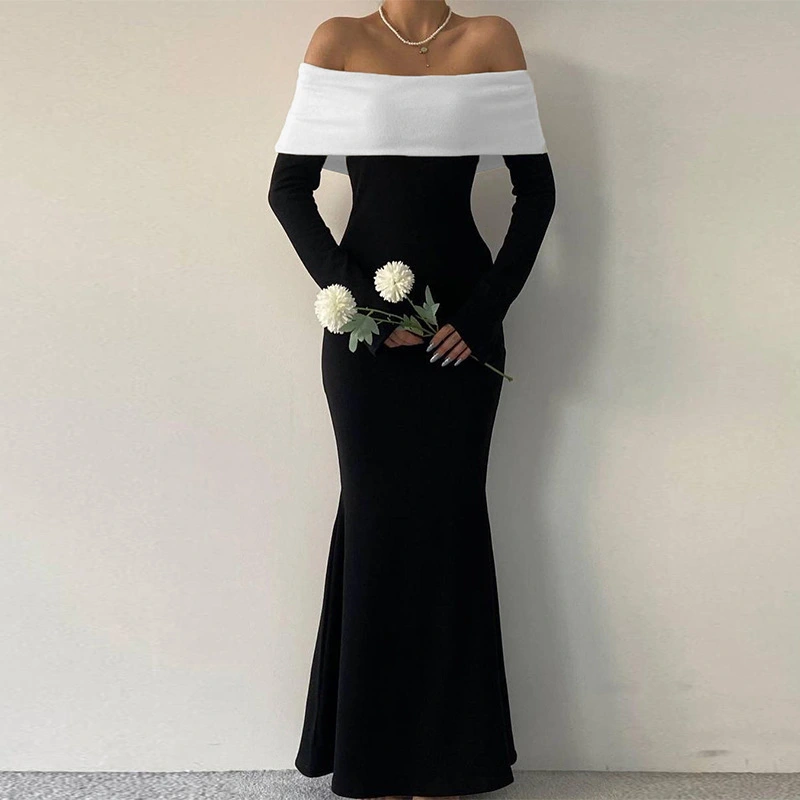 Women's Autumn And Winter New Off-shoulder Off-shoulder Long Sleeve Waist Slimming Dress