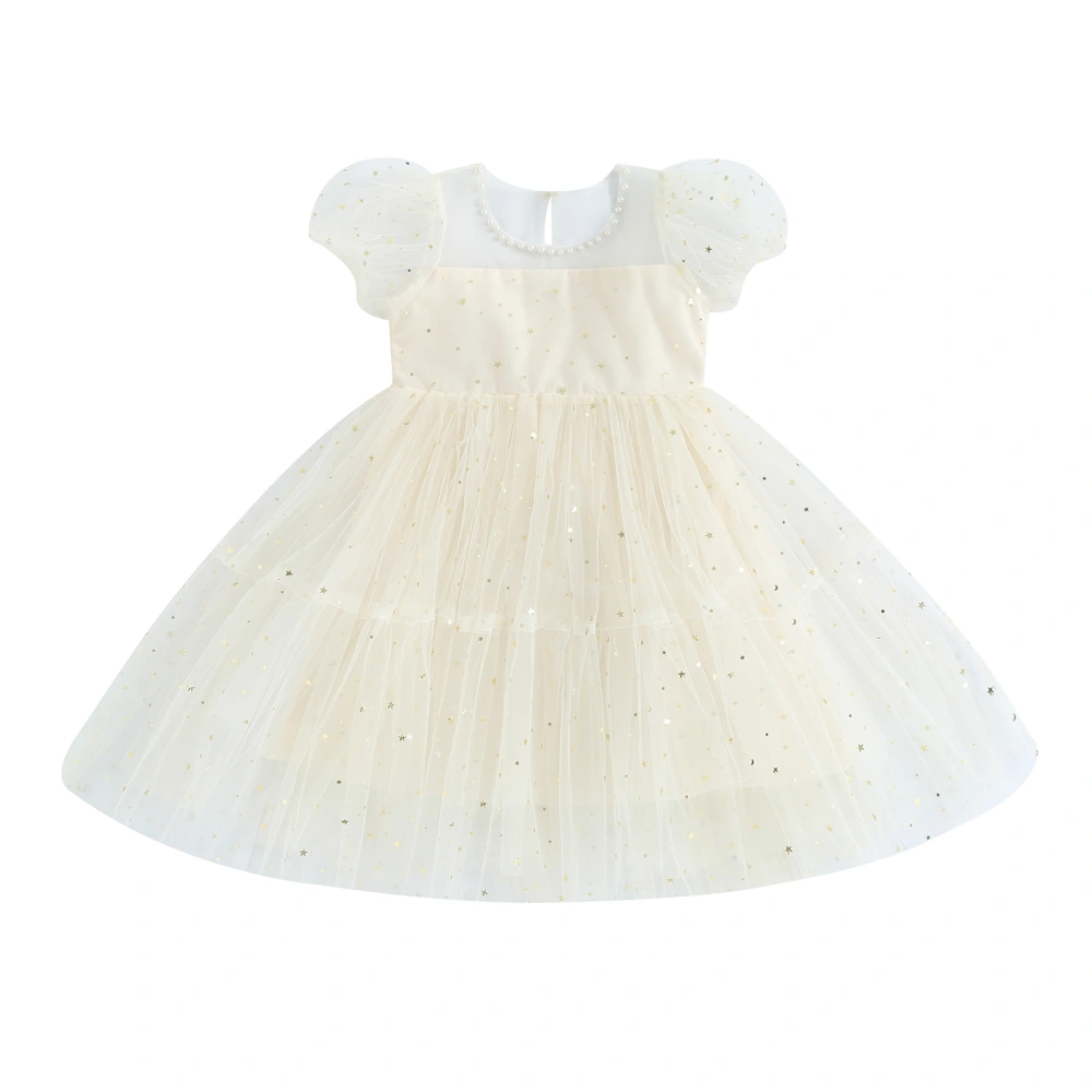 Little Girl Round Neck Puff Sleeve Star Sequin Zip Up Mesh Tutu Dress