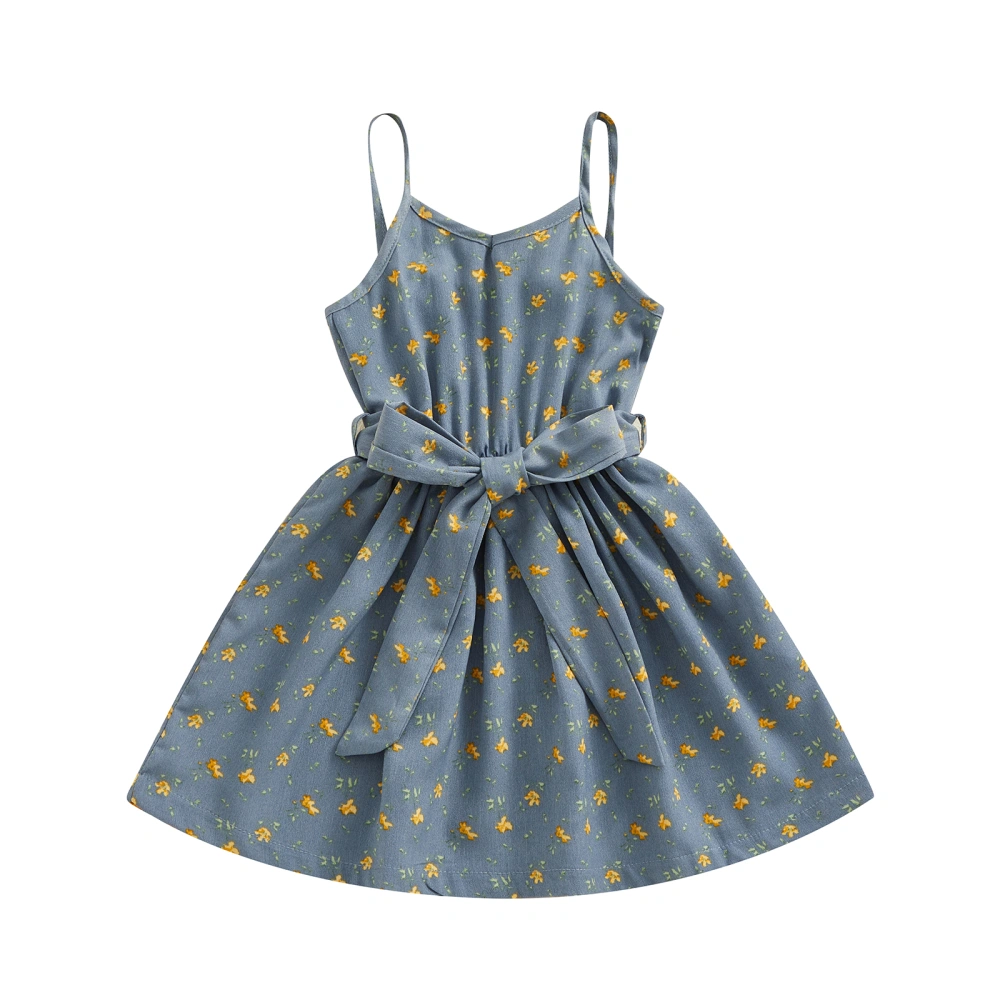 Toddler Girls Summer Blue Sleeveless Floral Cami Dress with Belt