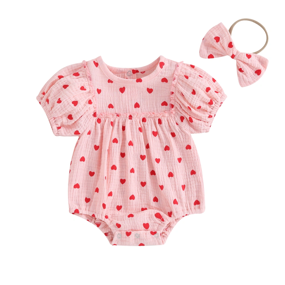 Girl Valentine's Day Bow Headband Short Puff Sleeve Heart Romper