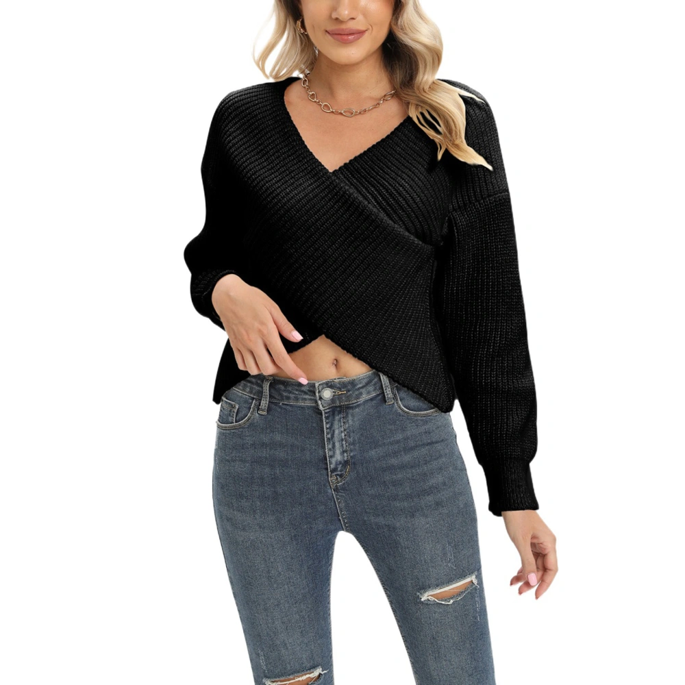 Women Crop Long Sleeve V Neck Solid Color Knitting Casual Tops 