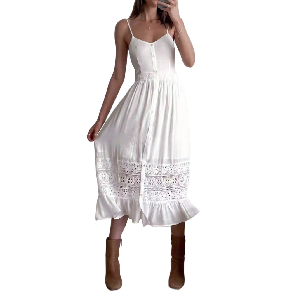 Women Sling Dress, Sleeveless Button-down Lace Patchwork Long Dress