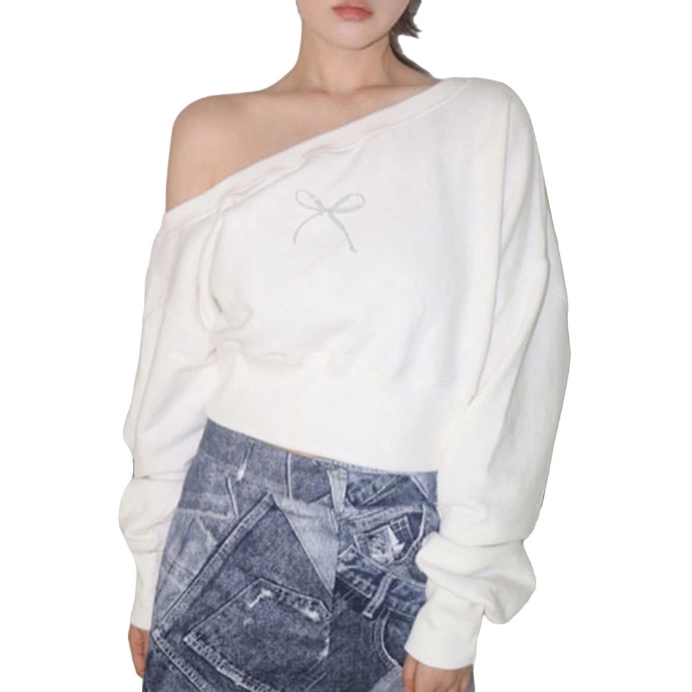 Women’s Crop Sweatshirts Off Shoulder Long Sleeve Rhinestone Pullovers