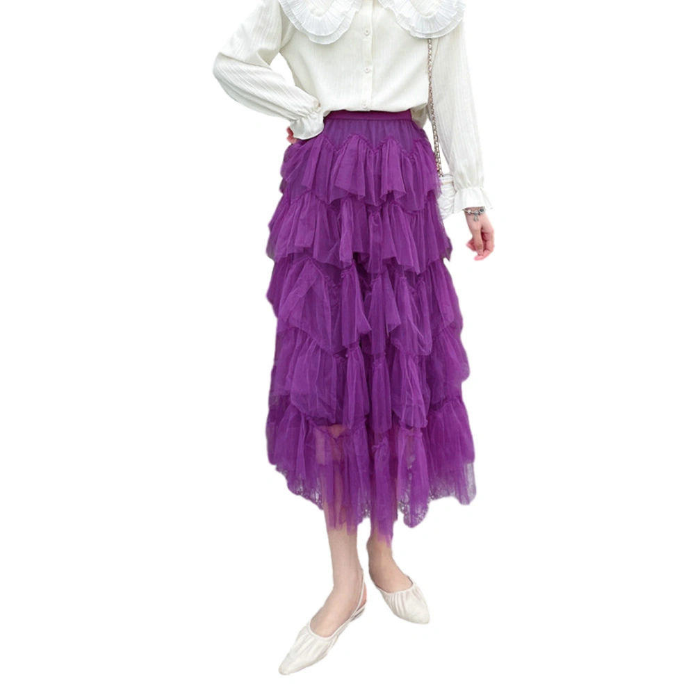 Women Mid-Length Cake Skirt Solid Color Elastic Waist Fashion Skirt