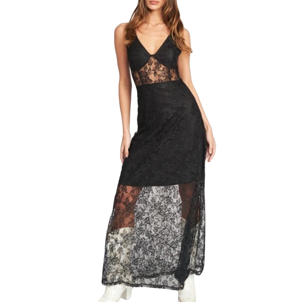 Women’s V Neck Sleeveless Lace Flower Embroidery Slim Tank Dress