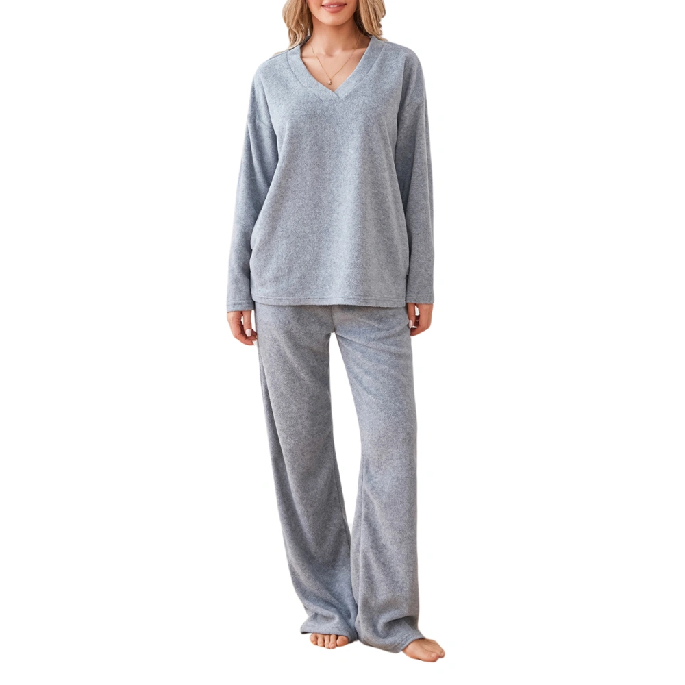 Women 2pcs Pajamas Set Solid Color Loose Long Sleeve Shirt and Pants