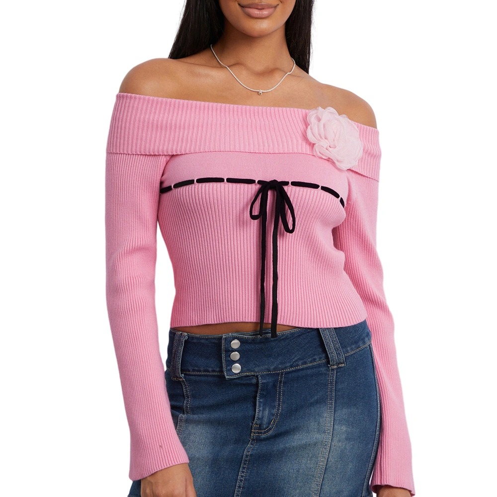 Women Knit Tops, Long Sleeve Off-shoulder Flower Tie-up Tops