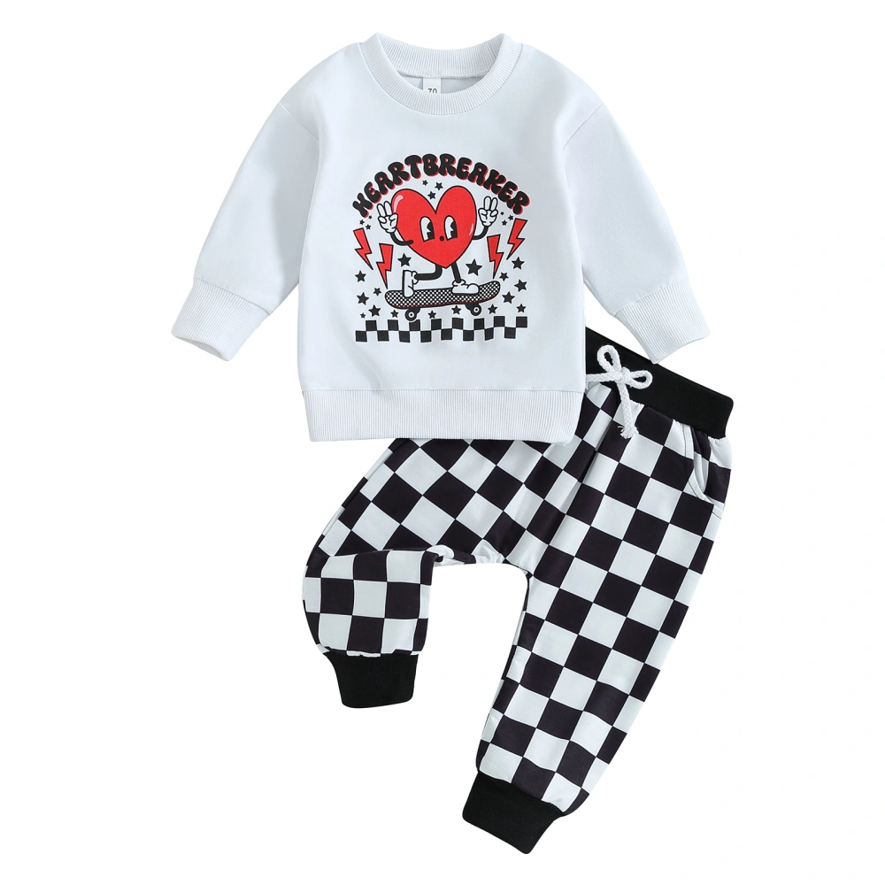 Baby Boys Pants Set, Letters Heart Print Sweatshirt with Plaid Pants