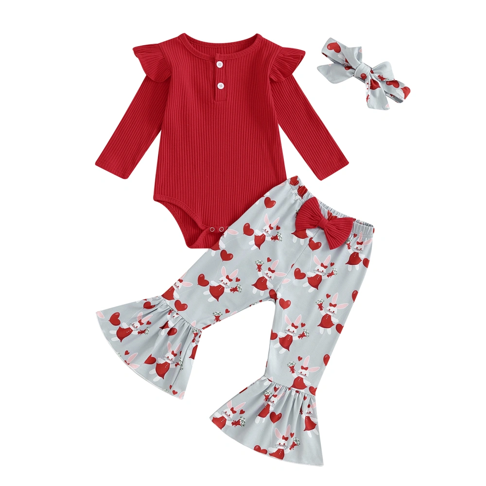 Baby Girls Fall Outfit, Romper with Rabbit Print Pants Headband