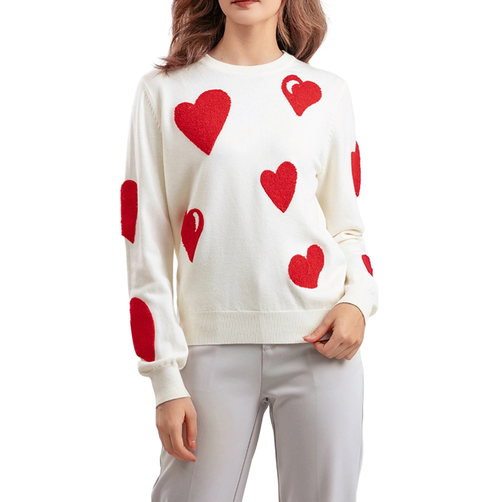 Women Knit Sweater Heart Fuzzy Embroidery Long Sleeve Pullovers