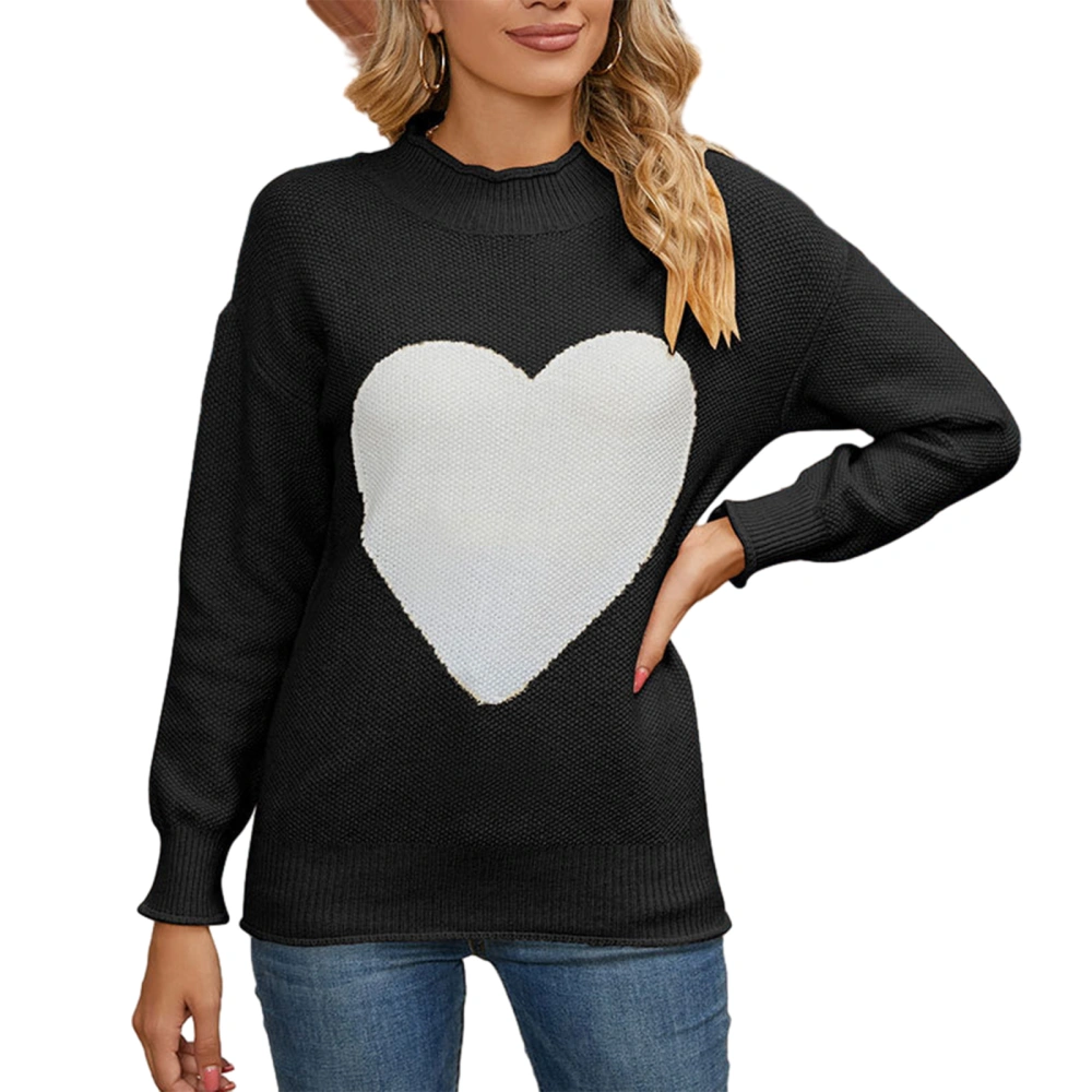 Women's Spring Long Sleeve Round Neck Heart Print Knit Sweater