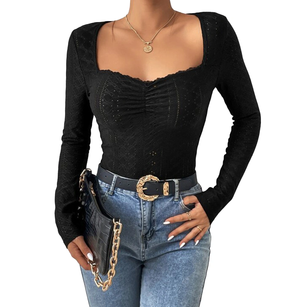 Women’s Sweetheart Neck Tops Fashion Long Sleeve Eyelet T-Shirts