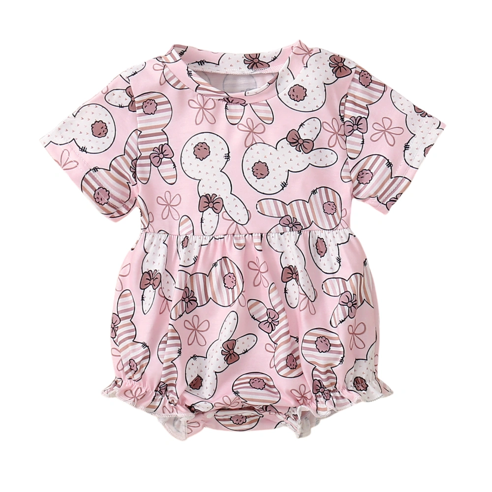 Infant Newborn Round Neck Rabbit Print Frill Hem Short Sleeve Romper