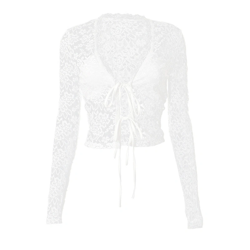 Women’s Lace Crop Tops Long Sleeve Tie-up Front T-Shirts Sheer Shrugs