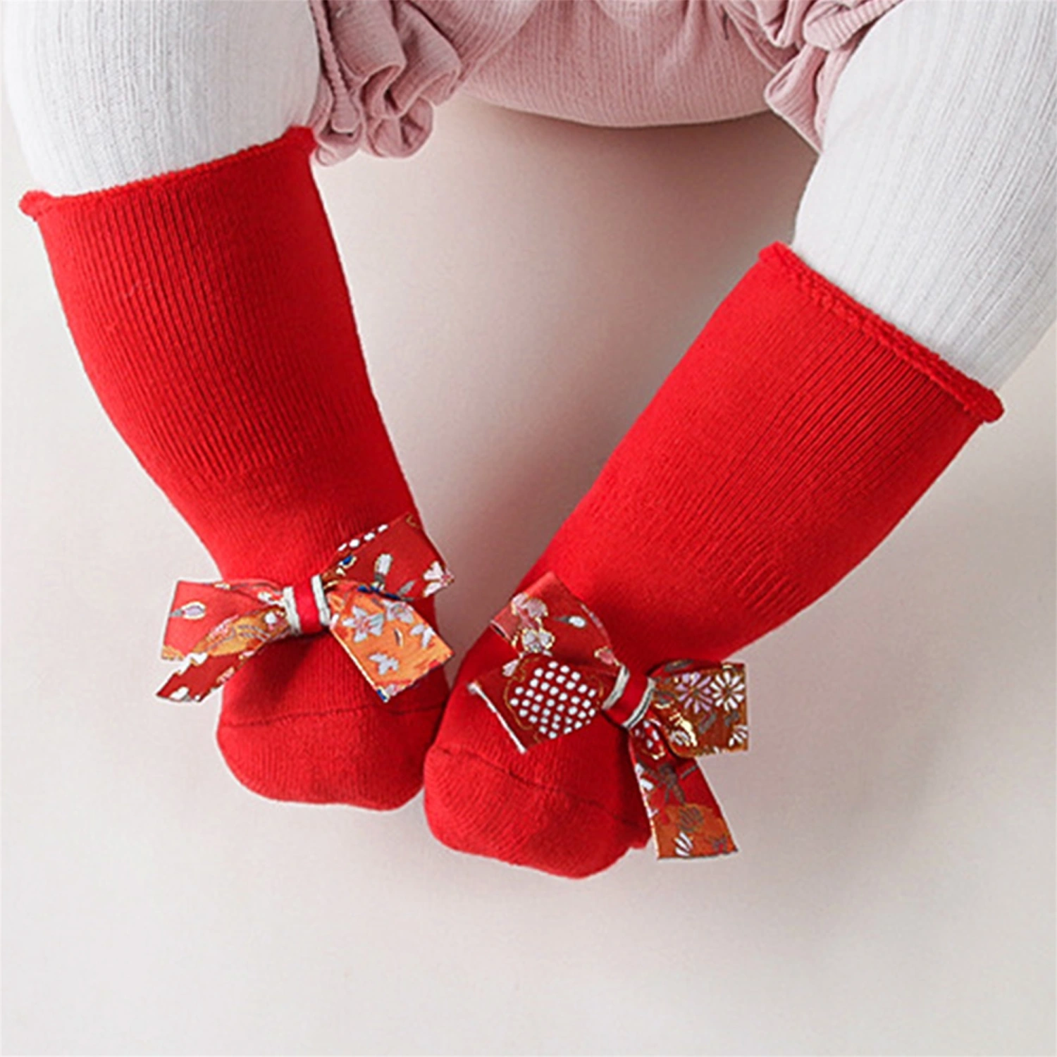 Baby Girls Red Winter Warm Anti-slip Bow Holiday New Year Socks