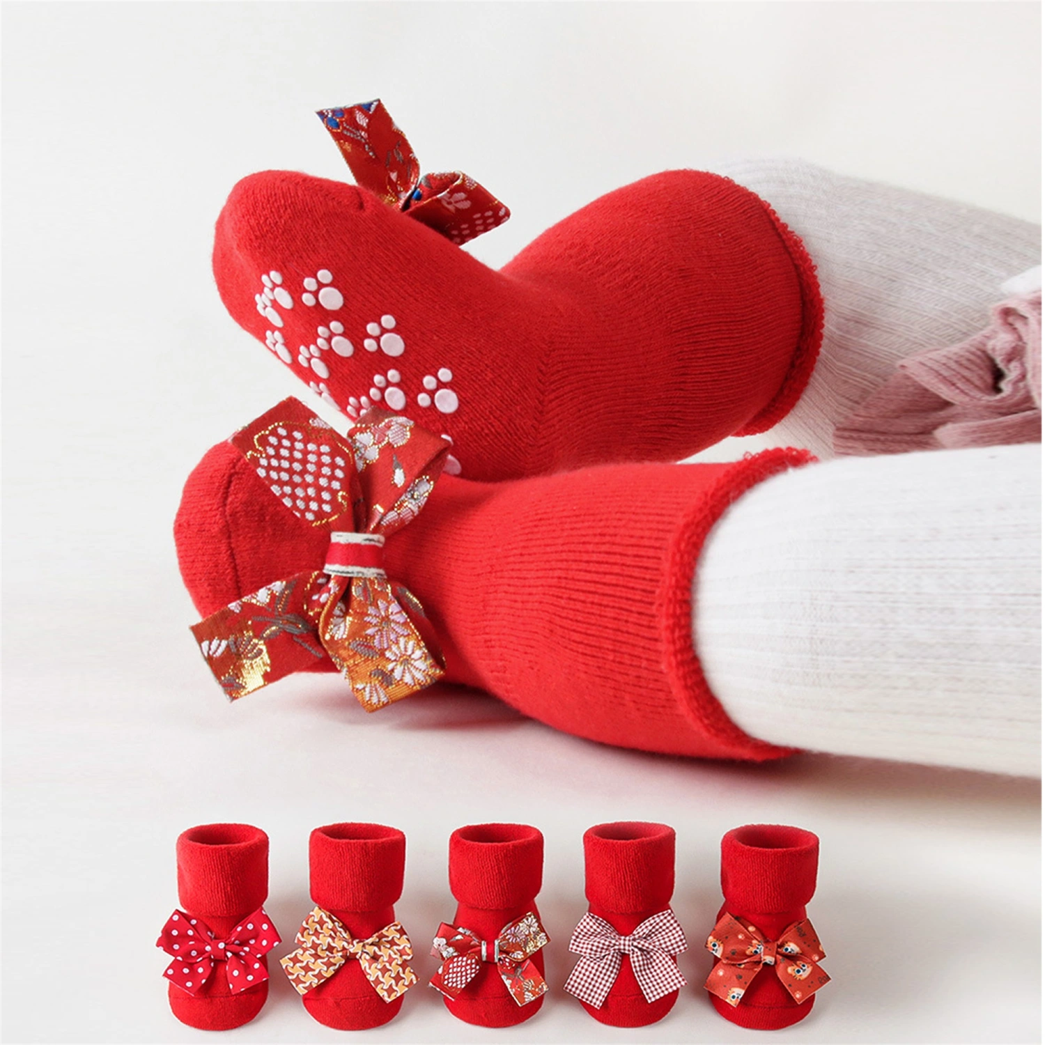 Baby Girls Red Winter Warm Anti-slip Bow Holiday New Year Socks